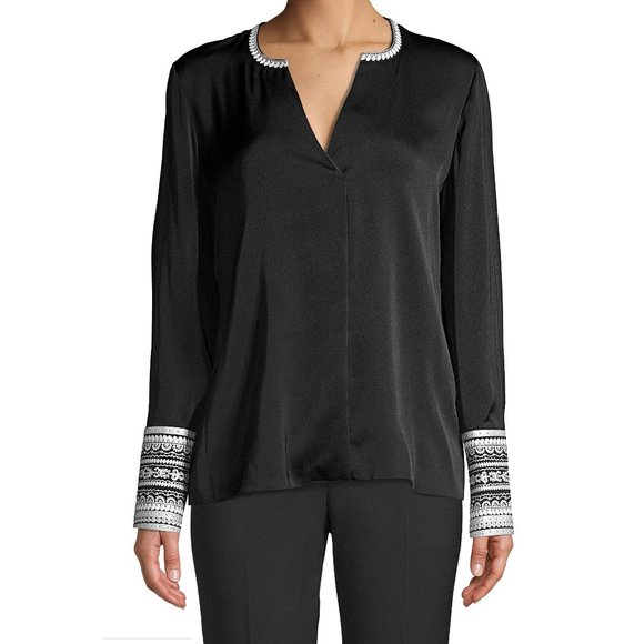 NEW KOBI HALPERIN Women Jona Silk Black White Embroidered Cuff Neck Dress Blouse